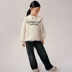 Zara girls cream sweatshirt  Lexington Ave New York ruffle Peter Pan collar 9